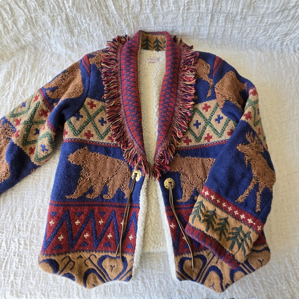 VTG An‎ Original Jans Jems Bears Moose Southwest Tapestry Jacket Sherpa Lined OS